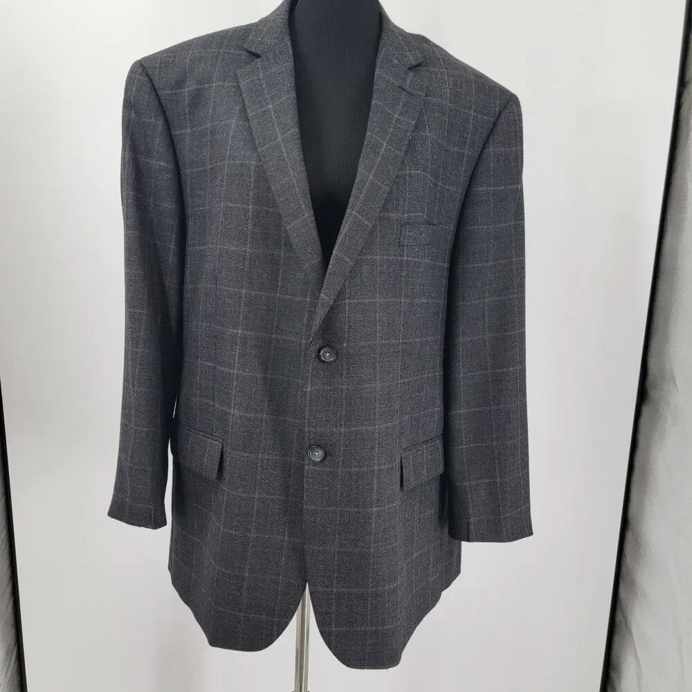 Pronto Uomo Platinum Mens 52R Charcoal Grey Windowpane 100% Wool 2-Vent Blazer